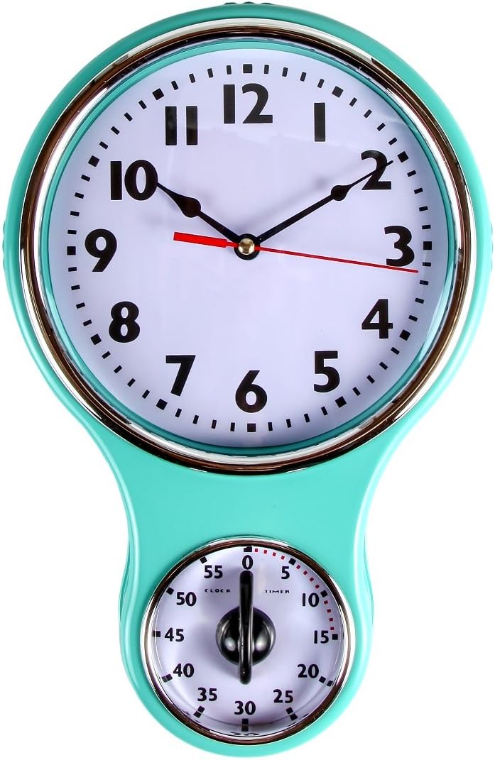 Lily's Home Retro Kitchen Timer Wall Clock, Bell Shape - Turquoise