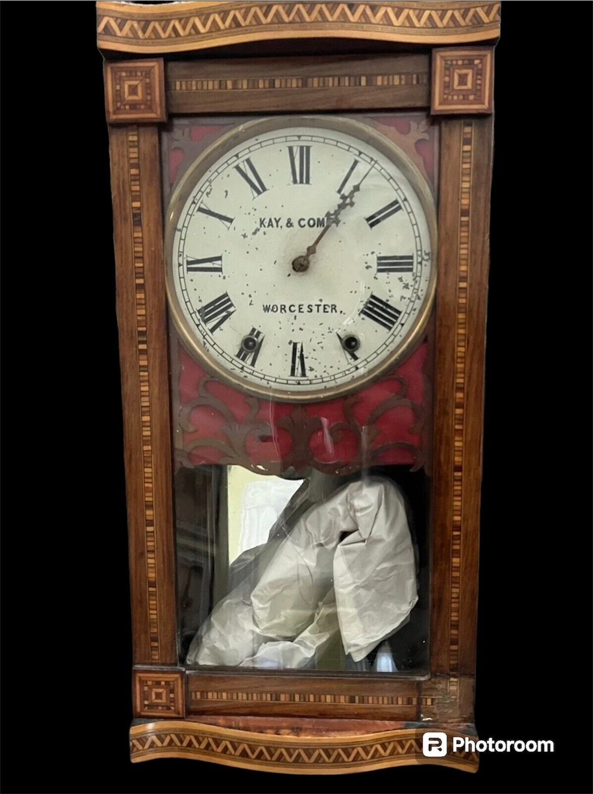Lovely 19th Century 8 Day Kay & Company Regulator Wall clock W Inlaid Cabinet