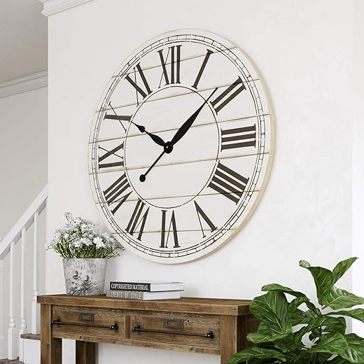 MISC Oversize Shiplap Wall Clock - 48 h X 48 w 1.5 d White Farmhouse Traditional Round Wood Finish Roman Numeral Display