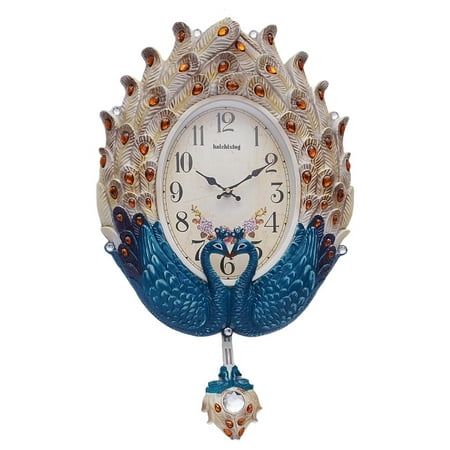 Modern Clock Wall Decor for Living Room, Large Peacock Clock Wall Decor Teal Silent Pendulum Clock with Fancy Ethnic Luxury Crystal