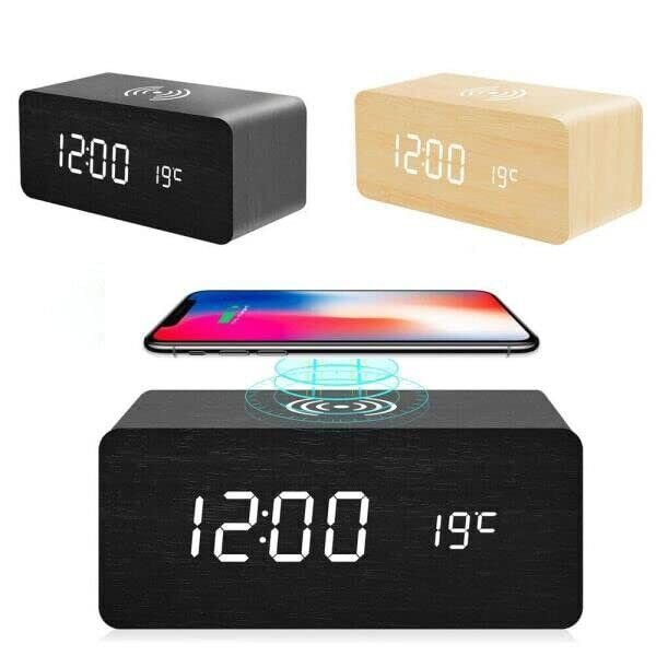 Modern Wooden Wood Digital LED Desk Alarm Clock Thermometer 10W Wireless Charger