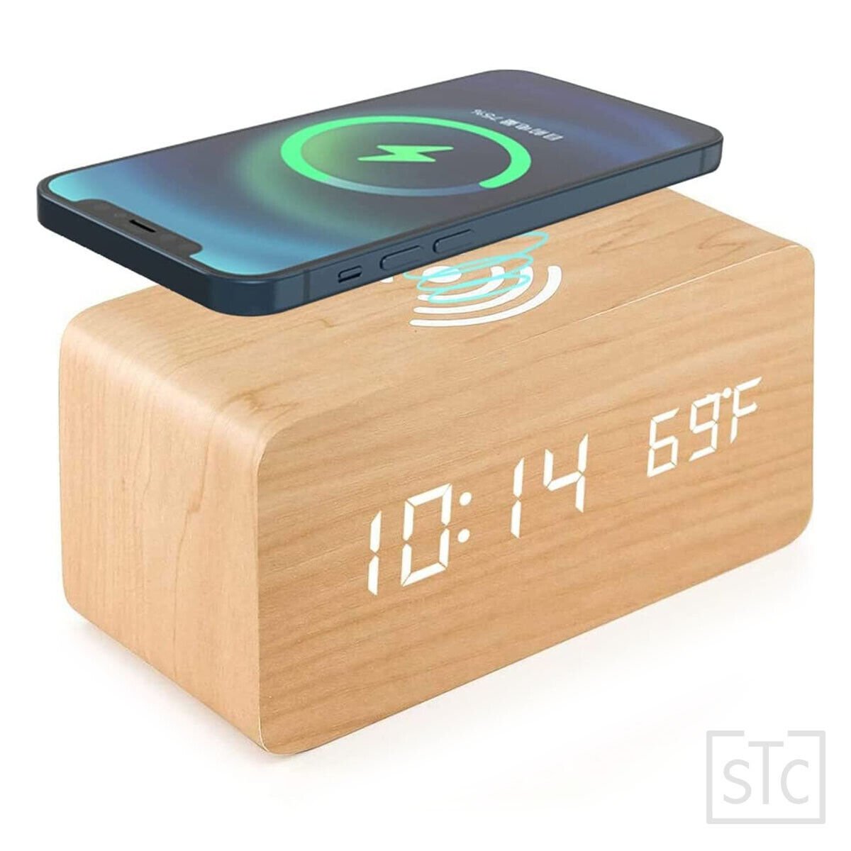 Modern Wooden Wood Digital LED Desk Alarm Clock Thermometer Qi Wireless Charger