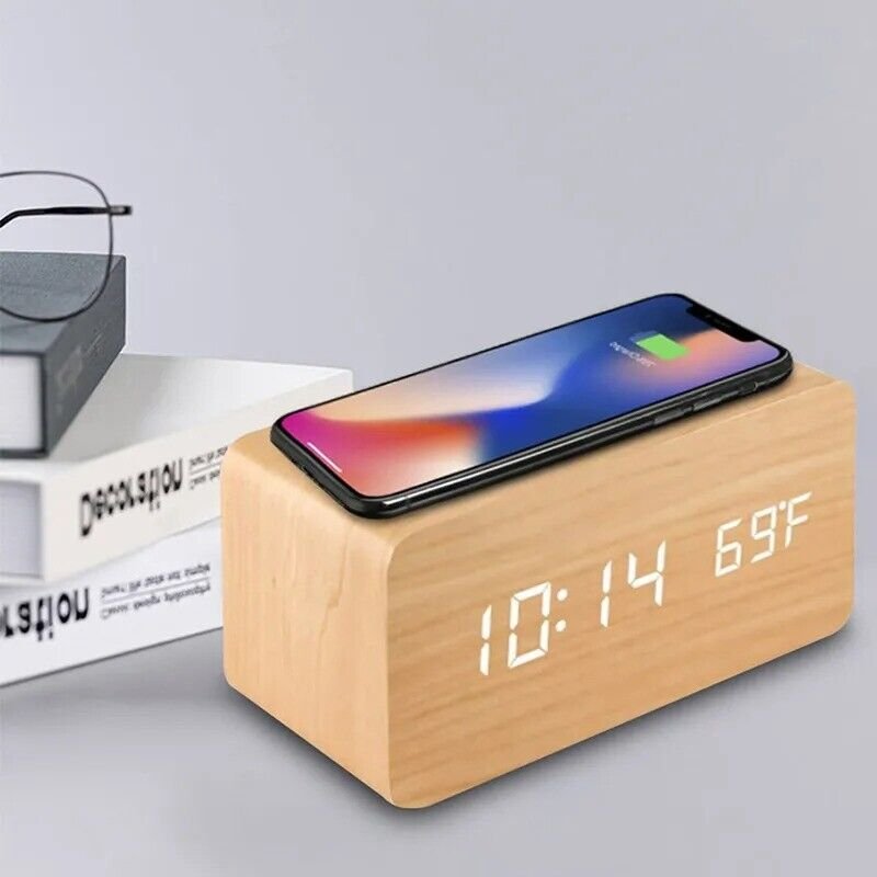 Modern Wooden Wood Digital LED Desk Alarm Clock Thermometer Qi Wireless Charger