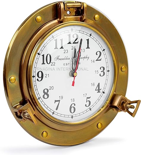 Nagina International 9 Antique Brass Premium Nautical Wall Decor Vintage Time's Clock | Pirate's Porthole Decorative Clock (Franklin & Murphy's Vintage Dial)