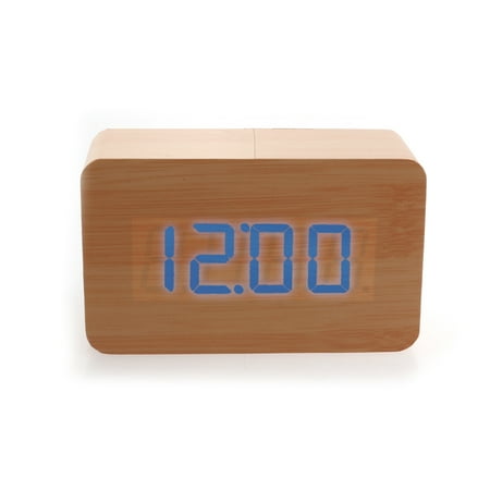 Natural Modern Digital Desk LED Bamboo Wood USB/AAA Alarm Clock Thermometer(Bamboo-blue)