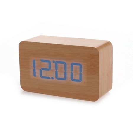 Natural Modern Digital Desk LED Bamboo Wood USB/AAA Alarm Clock Thermometer(Bamboo-blue)