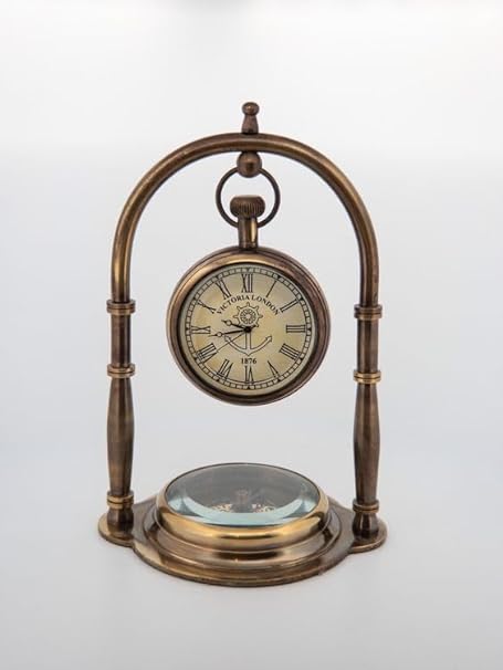 Nautical Clock Ship Table Clock Brass Desk Clock Maritime Brass Compass with Antique Victoria London Pocket Watch