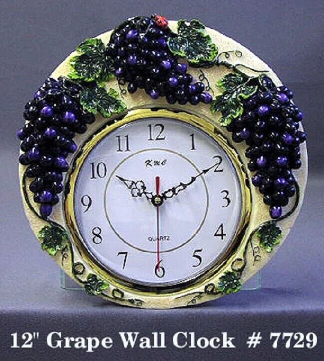 NEW PURPLE GRAPES QUARTZ WALL CLOCK GRAPEVINE 12" WIDE KMC NEW IN BOX
