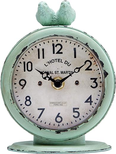 NIKKY HOME Vintage Table Clock, Shabby Chic Pewter Round Quartz Shelf Desk Clock with 2 Birds, 4.75