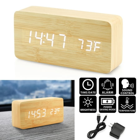 Oct17 LED Wooden Desk Clock Alarm Snooze Voice Control Timer Thermometer - Bamboo