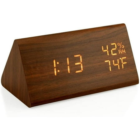 OCT17 Wooden Alarm Clock, Wood LED Digital Desk Clock, Upgraded with Time Temperature, Adjustable Brightness and Voice Control, Humidity Displaying - Bamboo