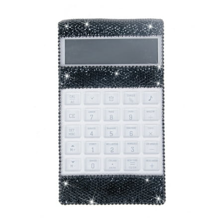 Office Calculator with Bling Bling Crystal Decorative with Calendar Time Alarm Clock for Fashionable Desk Accessory, Office or Home Gift (Black)