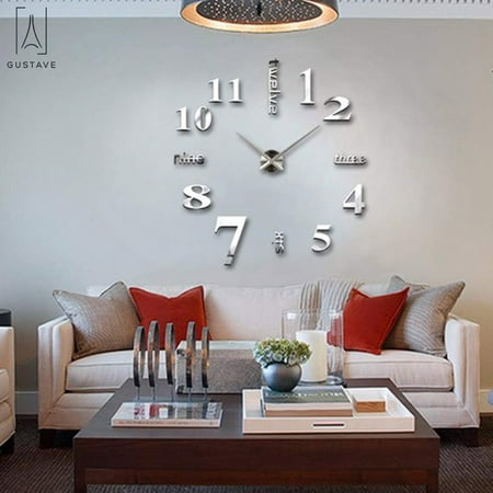 OUTAD Gustave Large 3D Frameless Wall Clock Stickers DIY Wall Decoration for Living Room Bedroom Silver