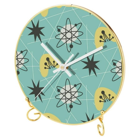 OWNTA 1950S Atomic Vintage Pattern Round Printed Wall Clocks with Hooks and Gold Stand: Silent, Non-Ticking Timepieces for Stylish and Peaceful Settings