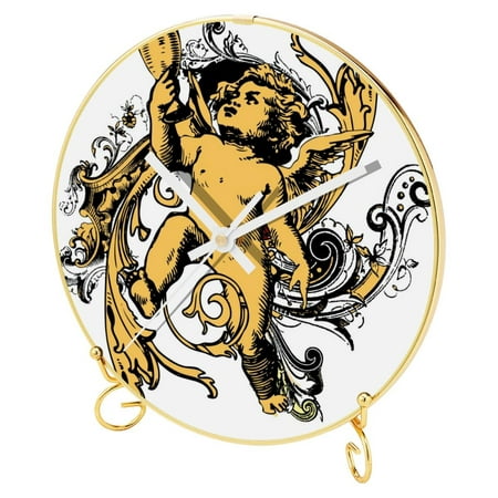 OWNTA Antique Angel Baby Pattern Round Printed Wall Clocks with Hooks and Gold Stand: Silent, Non-Ticking Timepieces for Stylish and Peaceful Settings