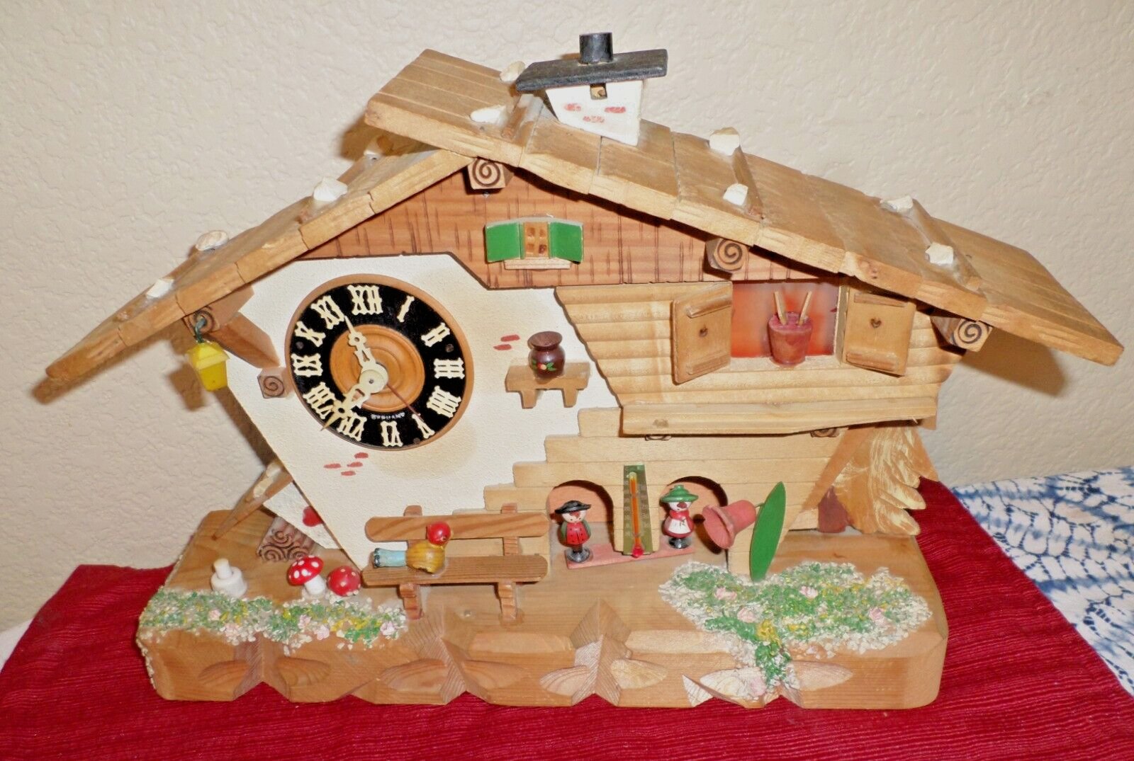 RARE ANTIQUE GERMAN WIND UP MUSICAL CARVED WOOD WEATHER CHALET MANTEL DESK CLOCK