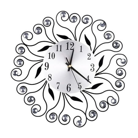 Retro Diamond Wrought Iron Wall Clock Creative Mute Living Room Decoration Clock without Battery (Black)