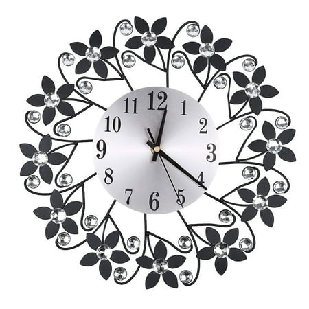 Retro Diamond Wrought Iron Wall Clock Leaf Petals Creative Mute Living Room Decoration Clock without Battery (Black)