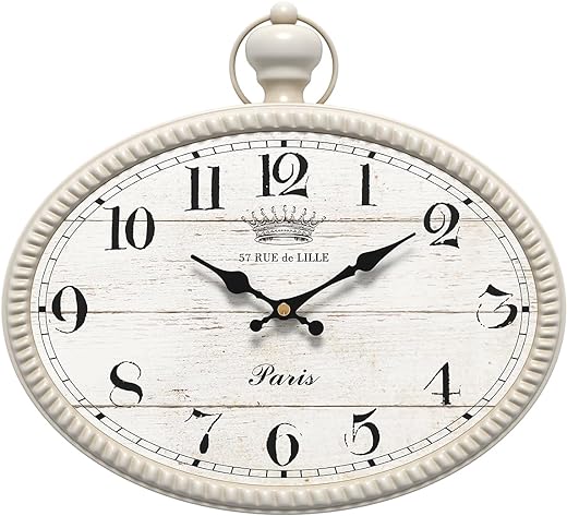 Retro Oval Wall Clock. White Vintage Antique Style. Battery Operated Decor Wall Clocks for Farmhouse,Kitchen,Bedroom,Bathroom (10.5