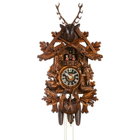 River City Eight Day Musical Cuckoo Clock Hunter's Style with Carved Woodsman and Stag