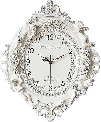 Rustic Wall Clock Decor,European Style Resin Battery Operated Silent Clock with Angel and Rose Relief Pattern for Living Room,Wall Decor (Silvery)