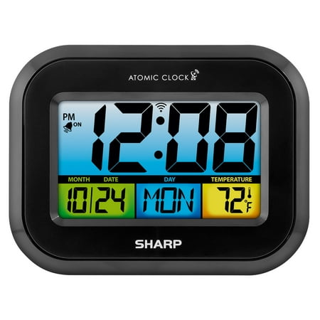 Sharp Atomic Alarm Clock With Calendar And Indoor Temperature Display, 5H x 1W x 6-1/2D, Black