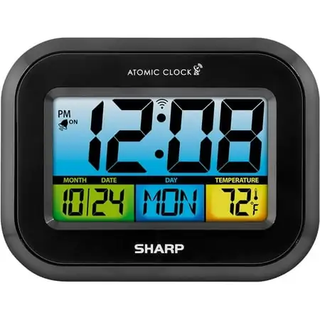 SHARP Atomic Digital Alarm Clock, Battery Operated Self-Setting Digital Wall or Desk Clock, Easy to Read Color Display Nightlight with Indoor Temperature and Calendar