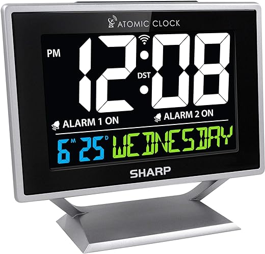 Sharp Desktop Dual Alarm Clock with Color Display - Atomic Accuracy - Calendar & Day of Week Time/Date Display