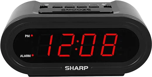 Sharp Digital Alarm with AccuSet - Automatic Smart Clock, Never Needs Setting - Great for Seniors, Kids, and Everyone who Doesn't Want to Set a Clock! Black Case with Red LEDs