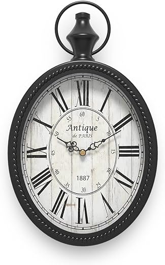 Small Retro Oval Wall Clock, Antique Old Design, Black Vintage Style, Battery Operated Silent Decor Wall Clocks for Kitchen,Bedroom,Farmhouse,Bathroom (11.2