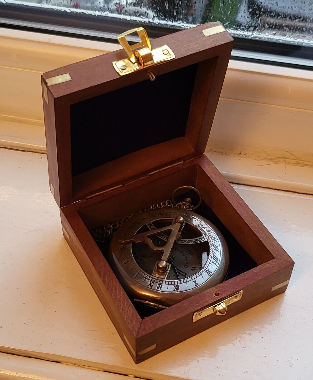 Sun Dial Pocket Watch Antique Old Gold Lustre Box Vintage Unusual Compass Navy