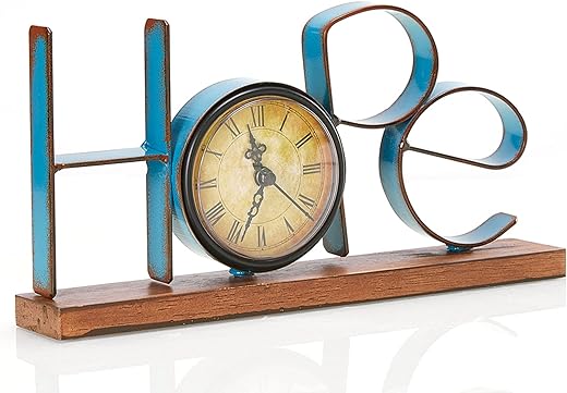 Table Clock - 5.12 H Antique Metal Wood Clock Vintage Blue Hope with Battery Operated Round Quartz Clock for Living Room Dining Room Bedroom Office (Hope)