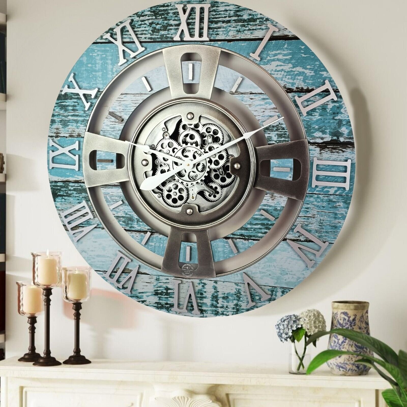 The Gears Clock 36'' Inch Real Moving Gear Wall Clock England Line Aqua Green