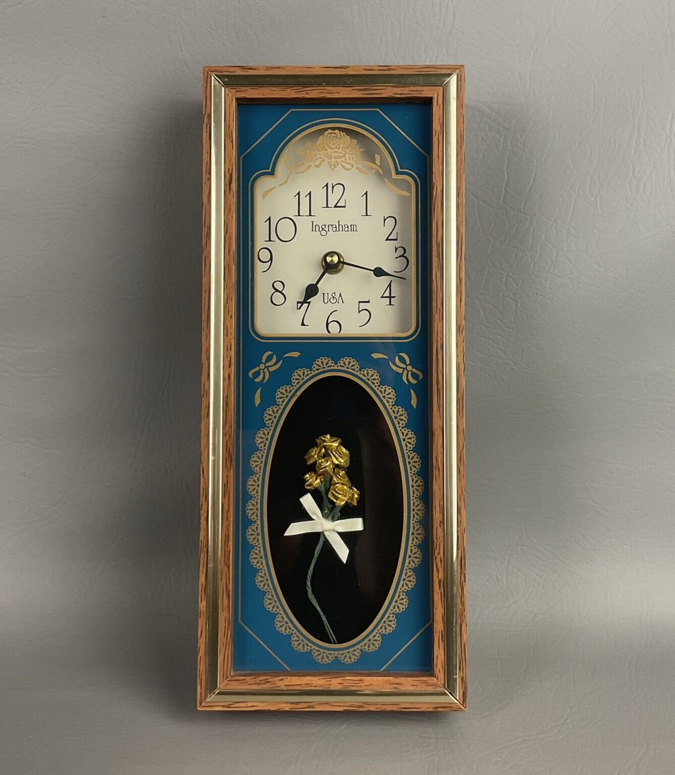Vintage Ingraham USA Clock Mantle Shelf Clock with Flower Floral Glass