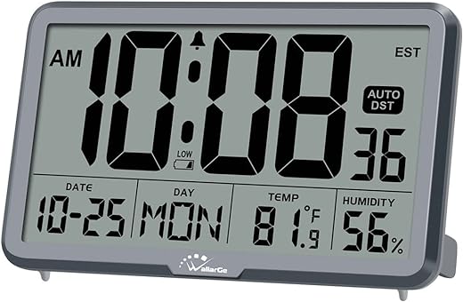 WallarGe Auto Digital Wall Clock with Temp, Humidity, Date, Alarm - For Elderly, Office, 8 Time Zones, Auto DST