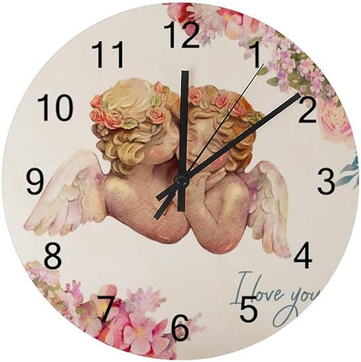 Wall Clock Cute Watercolor Angels Cherub Uncovered Wooden Mute Decoration Home Office Bedroom 12Inch