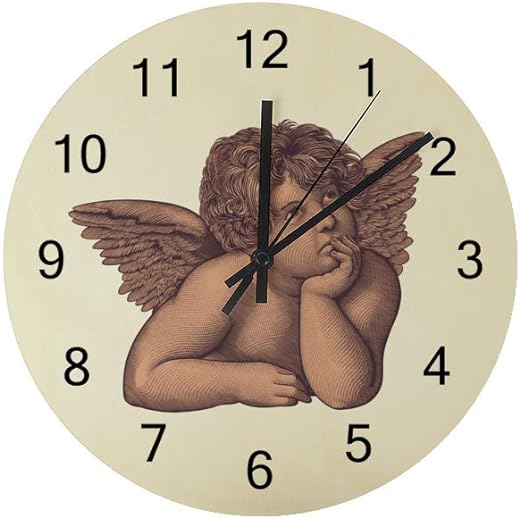 Wall Clocks Round Wooden No Ticking Sound Quartz Quiet Movement AA Battery Operated ﻿Angel Fresco Rafael Hand Home Kitchen Decor 12 Inch