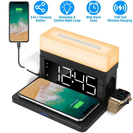 Wireless Charger, 3 in 1 iMounTEK Fast Charging Station Dock with Digital Alarm Clock and Dimmable Colorful Night Light Fit for iPhone 14/13/12/11/Pro Max/iWatch/AirPods