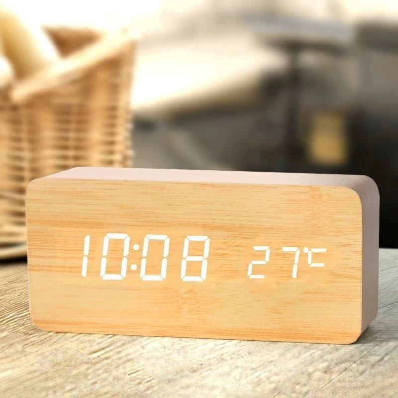 Wooden Digital Alarm Clock LED Alarm Clock with Temperature Desk Clocks Bedroom