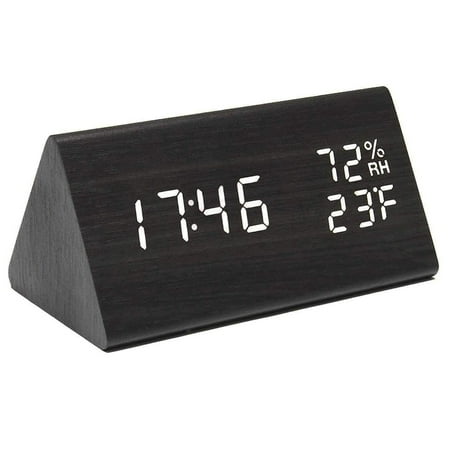 Wooden Digital Alarm Clock with Wireless Charging,Adjustable Brightness Dimmer and Alarm Volume, Wood LED Clock for Bedroom,Black whiteTriangle