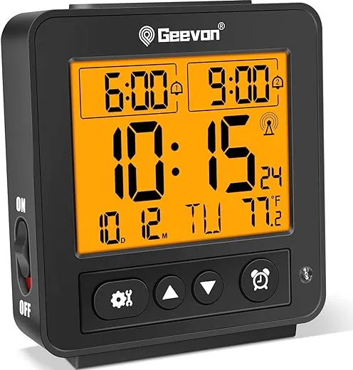 Geevon Small Atomic Travel Alarm Clock with Auto/8s Backlight, 2 Alarm Settings, Temperature, Increasing Beep Sounds Digital Atomic Travel Clock Battery Operated for Bedroom, Bedside