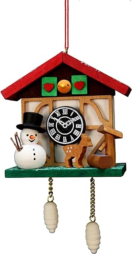 10-0565 Christian Ulbricht Ornament-Cuckoo Clock Snowman-4.5 H x 2.5 W x 1.5 D, Brown