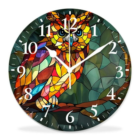 10 Inch Wall Clock Battery Operated Silent Clock Decorative for Office, Kitchen, Outdoor, Living RoomPretty Fairy Owl and on Tree Branch with Leaves in Stained Glasscharming