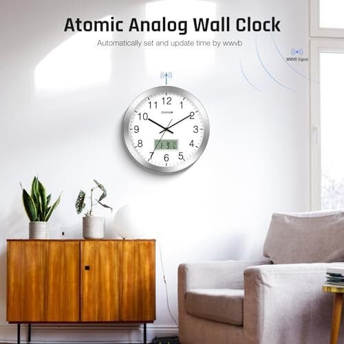 12" Atomic Analog Wall Clock with Digital Date, Week, Indoor Temp - Battery