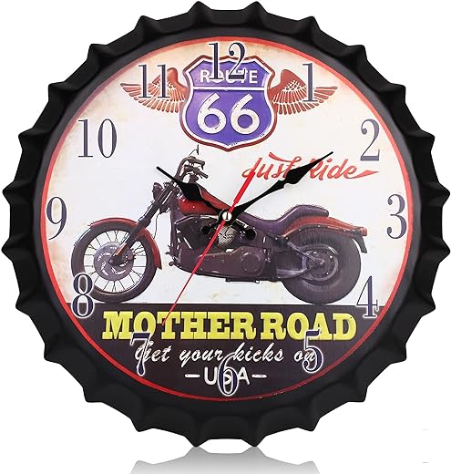 14 Inch Metal Wall Clock with Bottle Cap and Vintage Motorcycle Clock Dial, Silent Clock Movements, Battery Operated,Great Wall Decor for Garage,Workshop and Farmhouse Man Cave