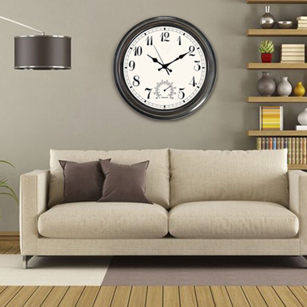16 Inch Clock Retro Outdoor Indoor Waterproof Wall Clock With Thermometer New