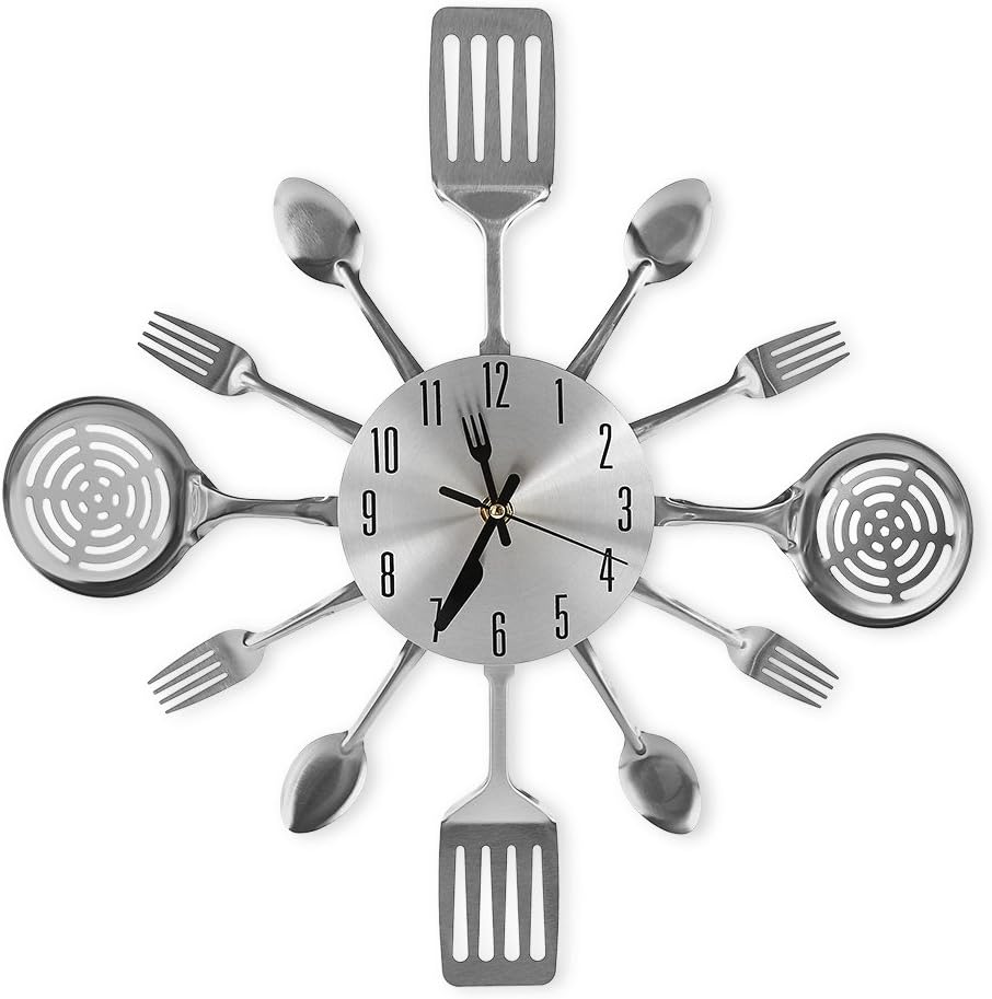 16 Inch Cutlery Kitchen Wall Clocks with Fork and Spoon Dial, Silent Clock Movement and Battery Operated, Great Wall Decor and Housewarming Gifts