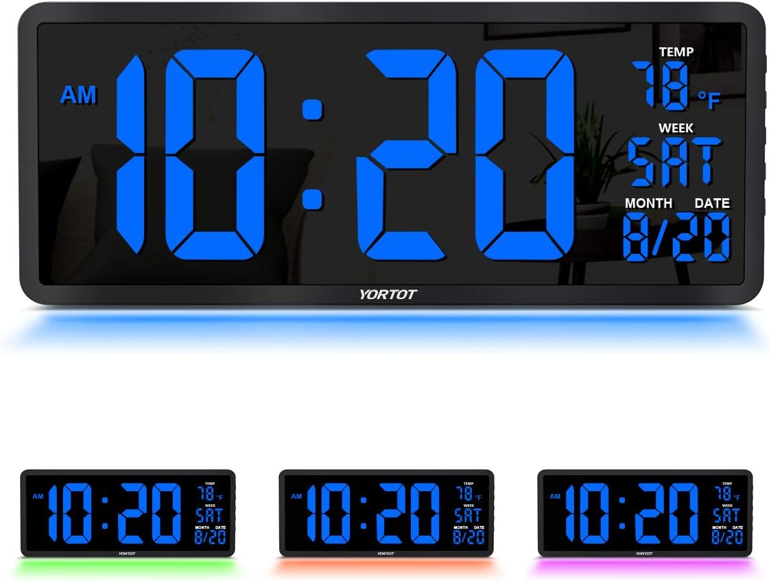 16 Inch Large Digital Wall Clock with 4 Level Brightness Dimmer, Remote Control, 7 Color Night Light, Big Blue Number LED Display with Indoor Temperature, Date and 12/24H, DST, Fold Out Stand