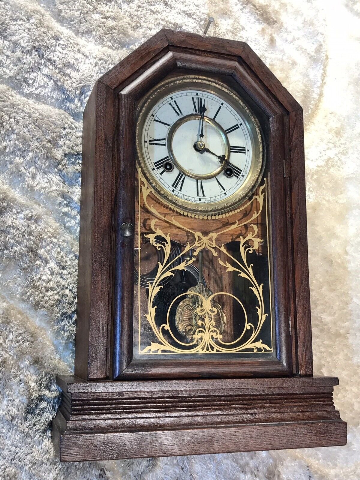 1874 VINTAGE ANTIQUE USA WATERBURY STRIKES WALL CLOCK,WALNUT CASE
