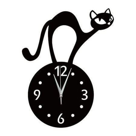 1PC Wall Clock Decor Cartoon Enchanting Kitten Wall Clock Mirror Surface Wall Decorative Clock Lovely Cat Wall Clock Sticker Delicate Cat Wall Clock for Home Cafe Bar Mall Without Battery Black